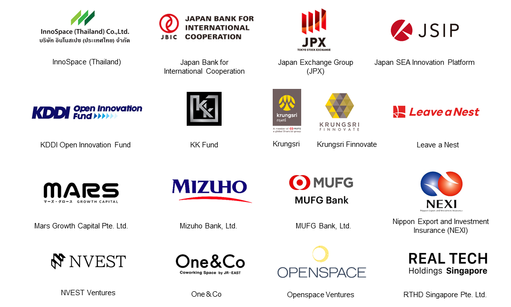 ICMG Pte Ltd, Incubate Fund, InnoSpace (Thailand), Indonesia capital, JBIC, JPX, Japan SEA Innovation Platform (JSIP), KDDI, KK Fund, Krungsri, Krungsri Finnovate, Leave a Nest, Mars Growth Capital Pte. Ltd., Mizuho, MUFG Bank, Ltd., NEXI, NVEST, One&Co, Openspace Ventures, Real Tech Holdings Co.,Ltd.​, 