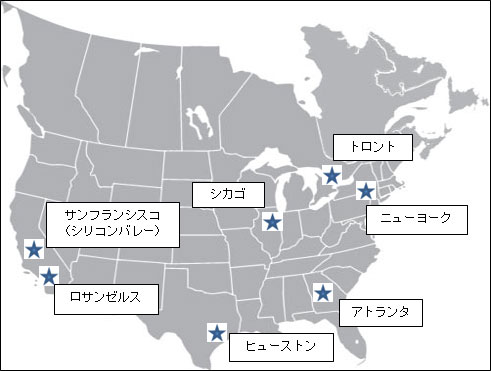 北米の地図：各都市の位置を示す