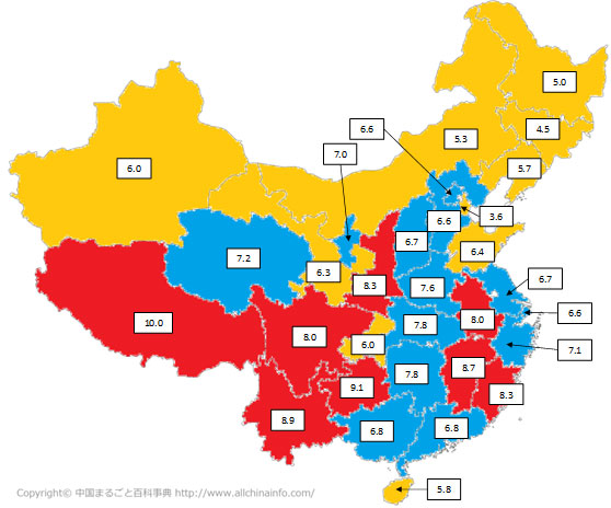 高いGRP成長率を記録している省市は中国西部地域に多い。 