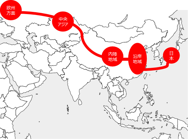 日本と欧州をつなぐ輸送ルート。日本から中国沿岸部まで海上輸送し、沿岸地域から中国内陸部、中央アジアを経由し欧州へ運ぶ。