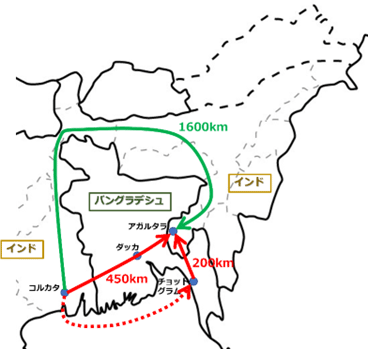 インド東部の主要都市コルカタからインド北東州のうちの一つトリプラ州のアガルタラまでの輸送距離を経路別に表した地図。まず、バングラデシュを通過せず、バングラデシュを北から迂回するような経路の場合は1,600km。陸路でバングラデシュを西から東へ横断して通過するような経路の場合450km。コルカタ港からバングラデシュのチョットグラム港まで船で運び、トラックに積み替えて運ぶ経路の場合、チョットグラム港からアガルタラまでの距離は200kmとなっている。