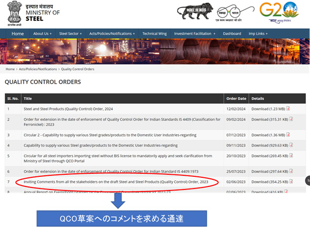 鉄鋼省のQCO一覧ページには草案へのコメントを求める通達が示されている。