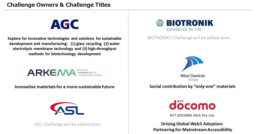 Challenge Owners & Challenge Titles AGC: Explore for innovative technologies and solutions for sustainable development and manufacturing: (1) glass recycling, (2) water electrolysis membrane technology and (3) high-throughput methods for biotechnology development. BIOTRONIK: BIOTRONIK’s Challenge will be added soon. ARKEMA: Innovative materials for a more sustainable future Mitsui Chemicals Group: Social contribution by “only-one” materials ASL: ASL’s Challenge will be added soon. NTT DOCOMO ASIA Pte. Ltd.: Driving Global Web3 Adoption: Partnering for Mainstream Accessibility 