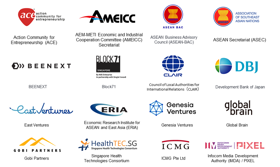 Logo of Supporters: ace, AMEICC, ASEAN-BAC, ASEAN Secretariat, Beenext, Block71, CLAIR,DBJ, East Ventures, ERIA, Genesia, Global Brain, Gobi Partners, HealthTEC SG, ICMG, IMDA_PIXEL.