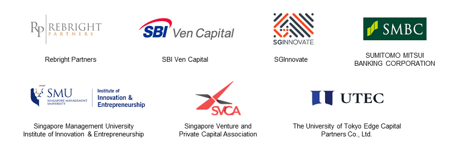 Logo of Supporters: aRebright, SBI Ven Capital, SGInnovate, SMBC, SMU, SVCA, UTEC.