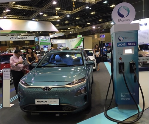 写真　シンガポール・モーターショー2019（1月10～13日開催）での様子。現代自動車のEV「コナ・エレクトロニック」（左）と急速充電器（右）（ジェトロ撮影）