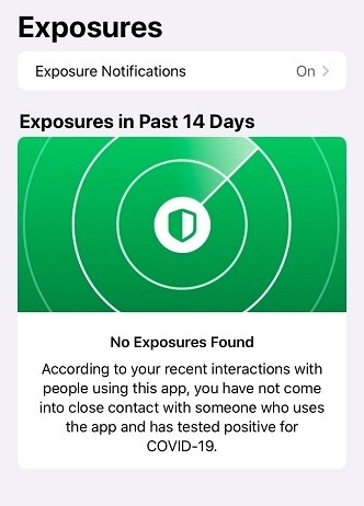 写真　新型コロナ接触確認アプリのトップページ。接触履歴の有無をひと目で判断可（ジェトロ撮影）