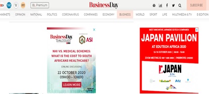 写真　現地広告（Business Dayオンライン 2020年10月13日）
