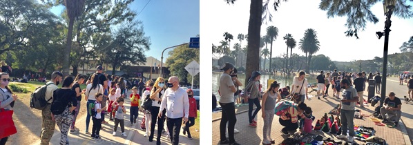 写真　左：ブエノスアイレス市パレルモ地区の日本庭園への入場を待つ行列、右：にぎわうパレルモ湖前（8月7日、ジェトロ撮影）