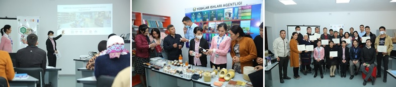 写真　OVOP＋1のスタッフによるレクチャー（左写真）、キルギスでの開発商品を確認する参加者（中央写真）、ボザタウの研修参加者・金子浩士氏は前列右から2人目（右写真）（UNDPウズベキスタン提供）