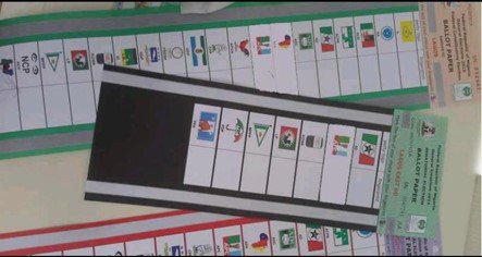 写真　希望する政党の枠に捺印する形式の投票用紙（ジェトロ撮影）