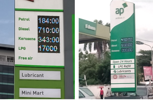 写真　ラゴス市内のガソリンスタンドの価格表示〔5月30日（左）と6月1日（右）、いずれもジェトロ撮影〕