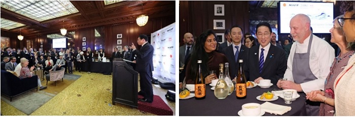 写真　岸田首相のスピーチ（写真左）、岸田首相と懇談するシェフ（写真右）（いずれも官邸広報室提供）