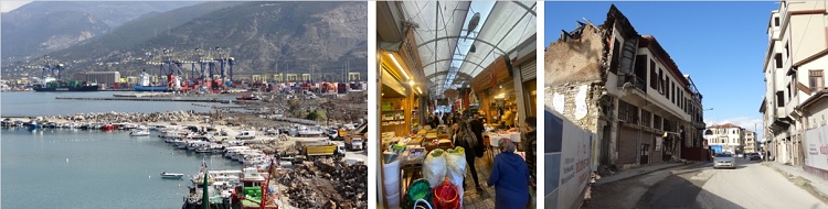 写真　（左）震災で火災が報告されたイスケンデルンのリマク港は正常化している、（中央）民間ビジネスは食品関連から始まっているという、（右）アンタクヤ、クルトゥルシュ通り（ジェトロ撮影）